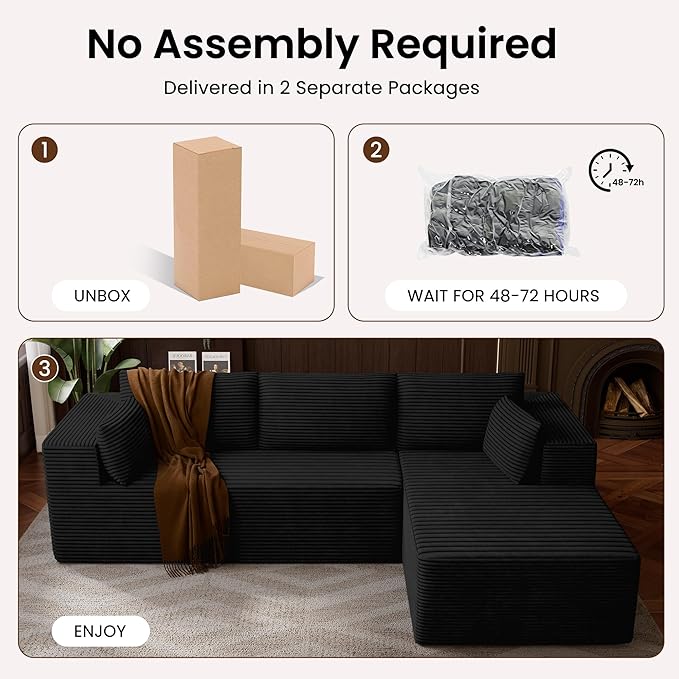 106" Cloud Sectional Boneless Couches for Living Room, Modular L Shaped Couch with Deep Seat Oversized Right Facing Chaise, Memory Foam Compressed Spineless 3 Seater Sofa for Apartment, Black