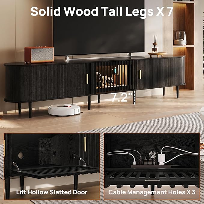 94.5" Fluted Mid Century Modern TV Stand for TVs Up to 80/85/86/90/98/100", Tambour Sliding Doors Entertainment Center with Storage&LED, Curved Media&TV Console Long TV Stands for Living Room, Black
