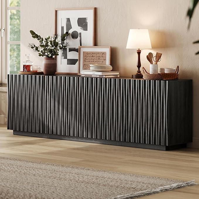 CHIC HOUSE 70" Fluted Mid Century Modern Buffet Cabinet with Storage, Farmhouse Storage Sideboard Cabinet with Doors, Accent Cabinet & Media Console for Living Room, Entryway, Black Walnut