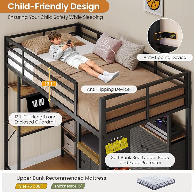DICTAC Loft Bed Twin Size with 6 Storage Drawers,Coat Rack and Open Shelves Metal Twin Loft Bed with Desk,Charging Station and LED Light,loft beds with Large Pegboard,Stairs and Safety Guardrail,Black