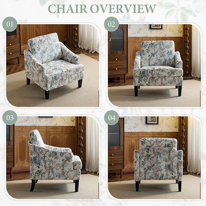 Bezseller Modern Accent Chairs Set of 2, Upholstered Reading Armchair with Wood Legs, Mid-Century Leisure Comfy Single Sofa Chair for Living Room, Bedroom, Home, Office, White Floral