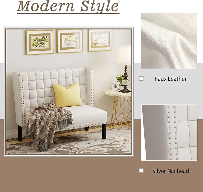 Andeworld Modern Loveseat Settee Bench Sofa Couch, Upholstered Banquette Dining Bench with Back for Dining Living Room Hallway or Entryway Seating,White