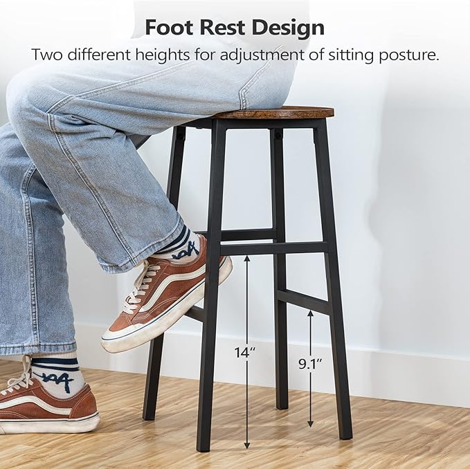 MAHANCRIS Bar Stools, Set of 2 Round Bar Chairs with Footrest, 24.4 Inch Kitchen Breakfast Bar Stools, Industrial Bar Stools, Easy Assembly, for Dining Room, Kitchen, Rustic Brown BAHR0201Z