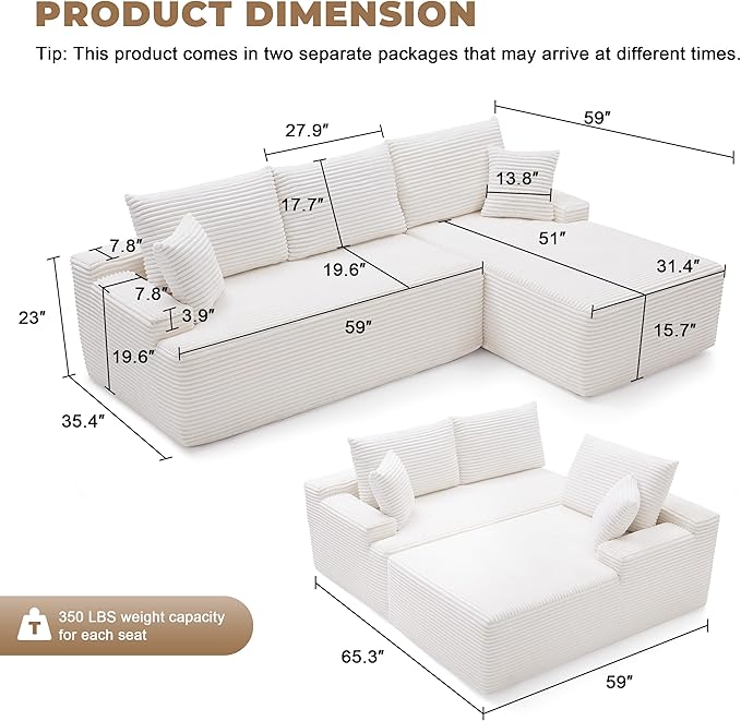Mangodan Cloud Sectional Sofa, Boneless Couch for Living Room, Modular Sectional Sofa with Deep Seat, Fluffy L-Shaped Comfy Couch with Right-Facing Chaise, No Assembly Required, Beige
