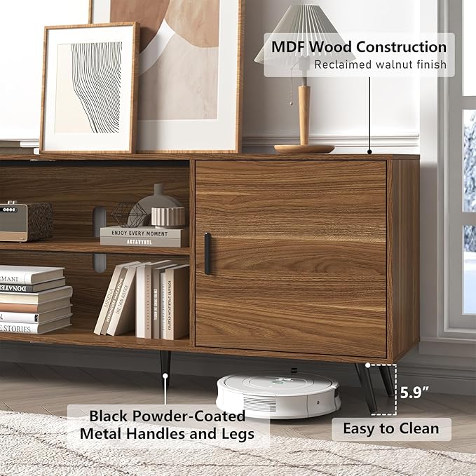 80 Inch Mid Century Modern TV Stand for 75 Inch TV, Wood TV Stand with Storage, Entertainment Center for Living Room Bedroom, TV Media Console, Walnut