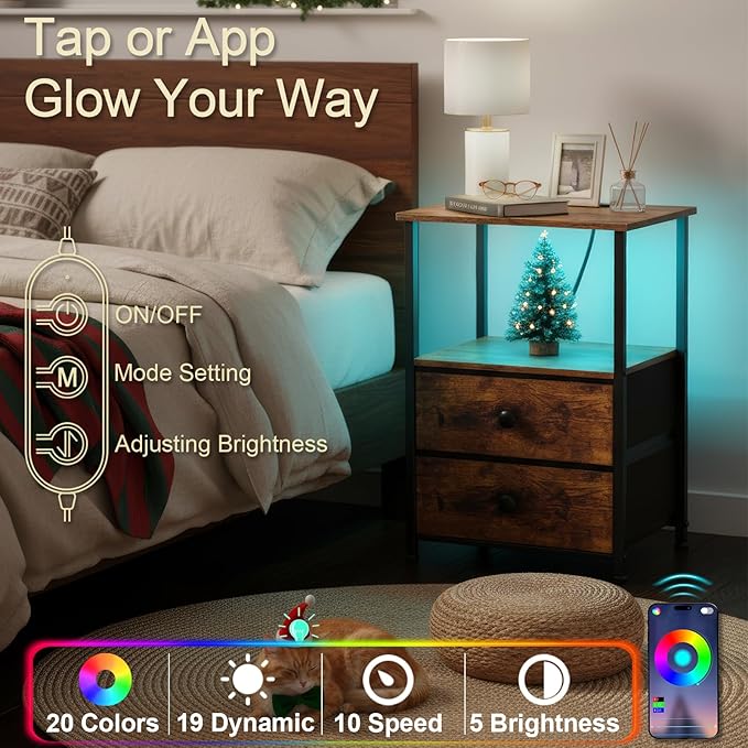 LOAKEKEL Night Stand Set 2, LED Nightstand with Charging Station, End Tables with Storage Shelf, Bedside Table with 2 Fabric Drawers for Bedroom, Small Spaces, Rustic Brown HETS02PBR