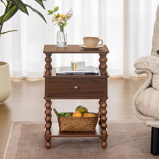 AWASEN Mid Century Modern Nightstand, Bedside Table with Storage, 3-Tier Small Night Stand End Table with Drawer for Bedroom &Solid Wood Spindle Legs, Walnut Brown