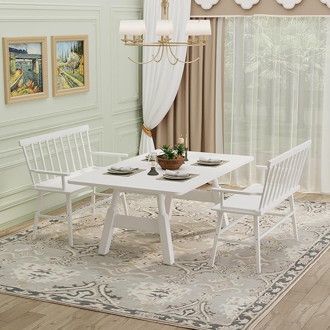 APRTAT Bamboo Entryway Bench, Farmhouse Dining Bench with Spindle Back & Armrest 3 Person Indoor Bench Chair Wood Windsor Bench Durable Easy Assembly for Foyer Balcony Hallway Living Room (White)
