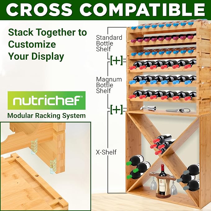 NutriChef 72 Bottle Wine Rack Stackable Bamboo Freestanding, 8-Tier Modular Shelf, Sturdy Wobble Free, Upgraded 2026 Design, Easy No-Tool Assembly for Kitchen, Cellar or Bar 33.5" x 10" x 41" (White)