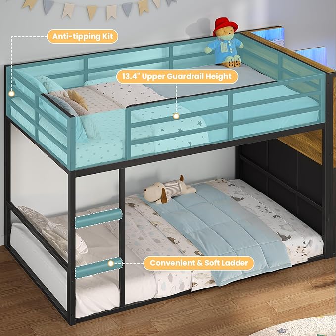 BTHFST Twin Over Twin Bunk Bed, Twin Bunk Beds with Storage & LED Lights, Metal Space Saving Low Bunk Bed with Safety Ladder and Guardrail