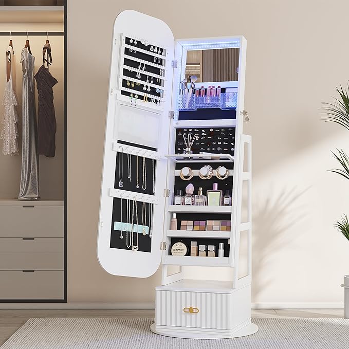 360° Swivel Jewelry Cabinet with Lights - RGB Vanity Mirror | Rotatable Full Length Mirror with Jewelry Storage, Standing Jewelry Armoire Organizer, Foldable Makeup Shelf, White (White)
