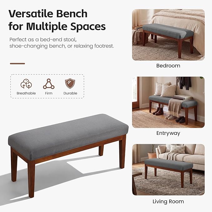 43.5" Upholstered Bedroom Bench, Linen Entryway Bench with Solid Wood Legs, End of Bed Bench with Cushion, Dining Bench for Living Room, Bedroom, Hallway, Dark Grey