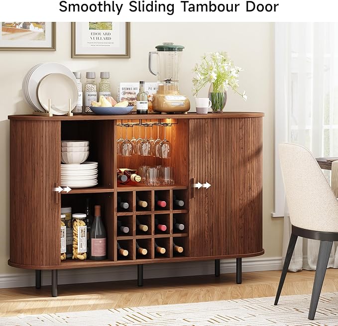 ONBRILL 55" Wine Bar Cabinet with LED Light,Modern Liquor Whiskey Coffee Station with Wine Rack and Glass Holder, Farmhouse Buffet Sideboard with Storage for Living Room, Kitchen, Entryway (Walnut)