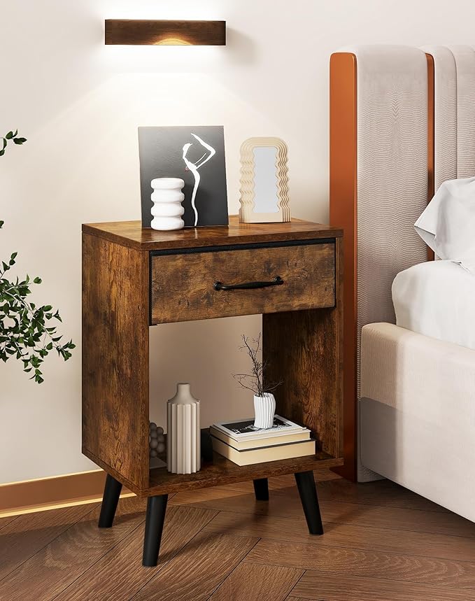 YMYNY Nightstand Set of 2, Bedside Table, Side Table with Fabric Drawer, Handle and Open Compartment, Solid Wood Legs, Wooden Coffee Table for Bedroom, Rustic Brown UHST020H-2
