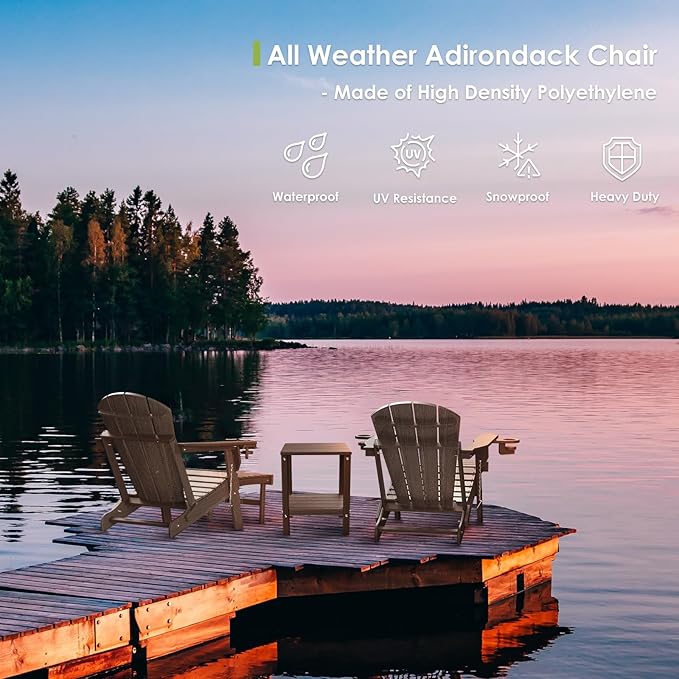 GREENVINES Adirondack-Chairs-with-Ottoman | Set of 2 | Wood Grain | Dark Brown | Folding | Retractable-Footrest | HDPE Plastic | All Weather Fire Pit Chair | Cup Holders | for Outdoor Poolside
