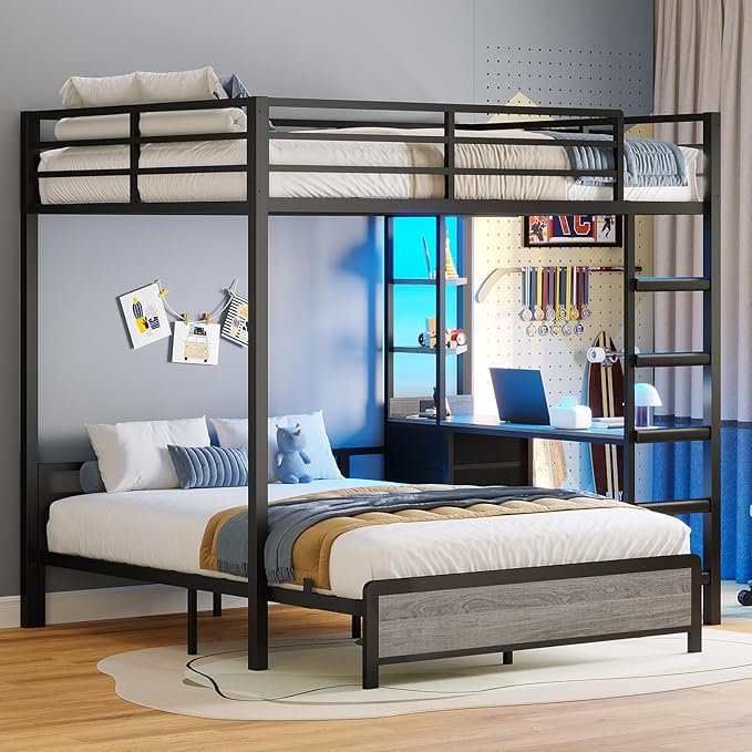 ADORNEVE Bunk Bed with Desk, Full Over Full Bunk Beds with Charging Station & Led Lights, 4 Storage Drawers & 2 Open Storage Shelves, Metal Loft Bed with Safety Guardrail & Ladder for Kids/Teen, Grey