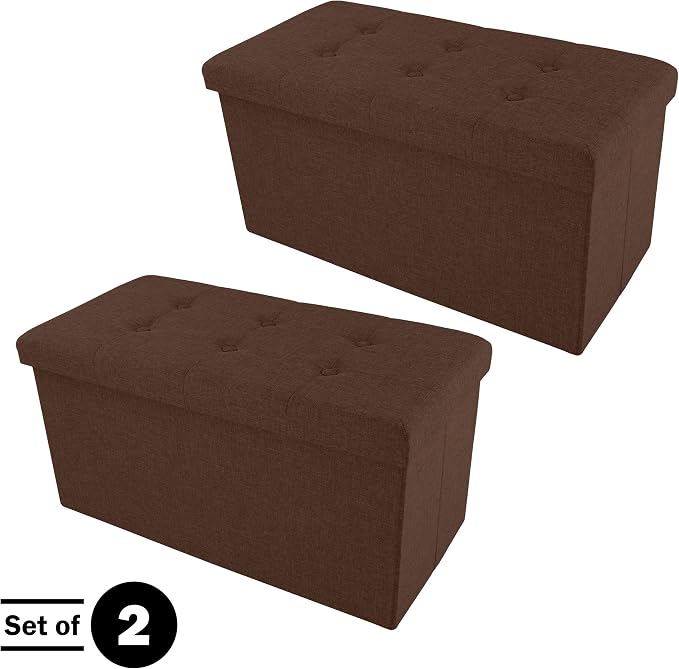 Lavish Home Folding Storage Ottoman - Set of 2 30-Inch Tufted Footrest, Linen Chest, or Bench with Removable Bin for Living Room, Bedroom, or Dorm (Brown)