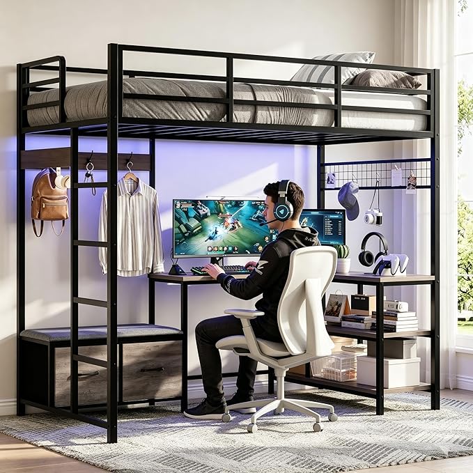 Vabches Twin Size Loft Bed with L-Shaped Desk, LED Lights, Charging Station, Loft Bed Frame with with Storage Drawers,Coat Rack, Safety Guardrail & Ladder, Gray