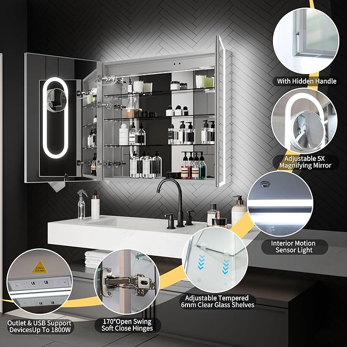 ExBrite 36 x 32 Lighted Medicine Cabinet with Mirror, Front&Backlit led Medicine Cabinet,Defog,5X Magnifier,3 Colors Temper Dimmable,Surface or Recessed Mount,Door Wide Open