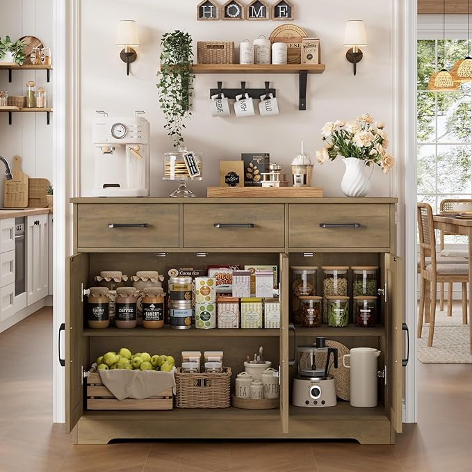 HOSTACK Modern Farmhouse Buffet Sideboard Cabinet, Barn Doors Storage Cabinet with Drawers and Shelves, Wood Coffee Bar Station for Dining Room, Kitchen, Living Room, Rustic Brown