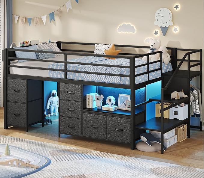 ADORNEVE Low Loft Bed Twin Size with Stairs,7 Drawers, Bookcase and LED Lights, Metal Kids Loft Bed with 14" H Safety Guardrail,Inclined Ladder and Play Curtain, Under-Bed Play Space, Black