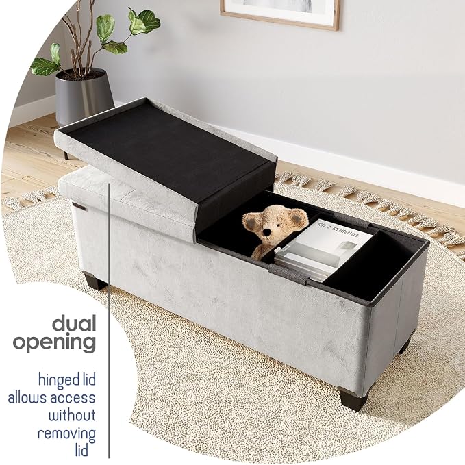 Storage Ottoman Bench with Bins, 43-in Storage Bench for Bedroom End of Bed, Folding Foot Rest Ottoman for Living Room Max 660lbs, Velvet Ottomans, Light Grey