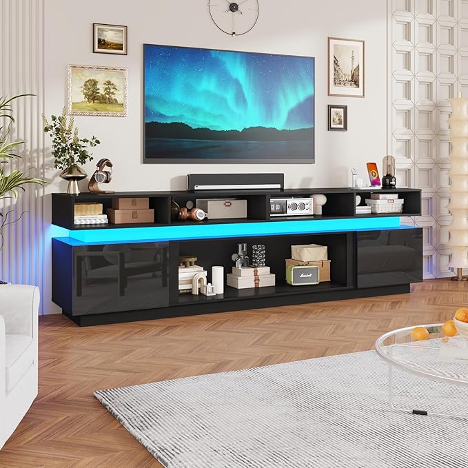 chartustriable LED TV Stand for 100 Inch TV, Modern Tall Entertainment Center with Power Outlets, High Gloss TV Stand, Gaming TV Media Console for Living Room, 93 Inch, Black
