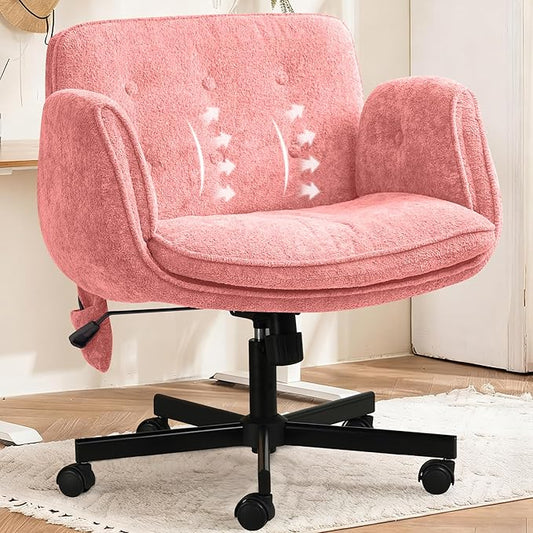 Criss Cross Chair with Lumbar Airbag & Folding Arms Relieve Back Pain, Wide Cross Legged Office Chair for Home Office, Comfy Swivel Desk Chair with Wheels, 5 Level Adjustable Armrest, Chenille(Pink)