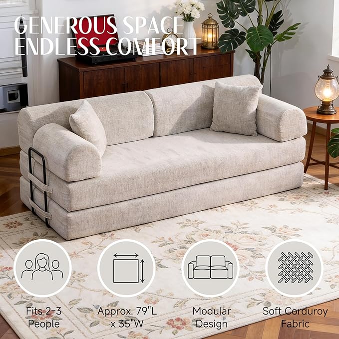 78.8" Convertible Sofa Bed with Detachable Arm Pillow, 6-in-1 Sectional Couches for Living Room, Corduroy Boneless Couch, Sleeper Loveseat Couch Bed, No Assembly, Light Camel Couch
