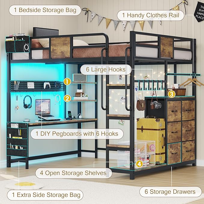 BYSAUD Loft Bed Full Size, Loft Bed with Desk, Bunk Bed with Desk, 6 Storage Drawers & 4 Open Shelves & 2 Storage Bags, LED Lights & Charging Station, Safety Guardrail, No Box Spring Needed, Brown