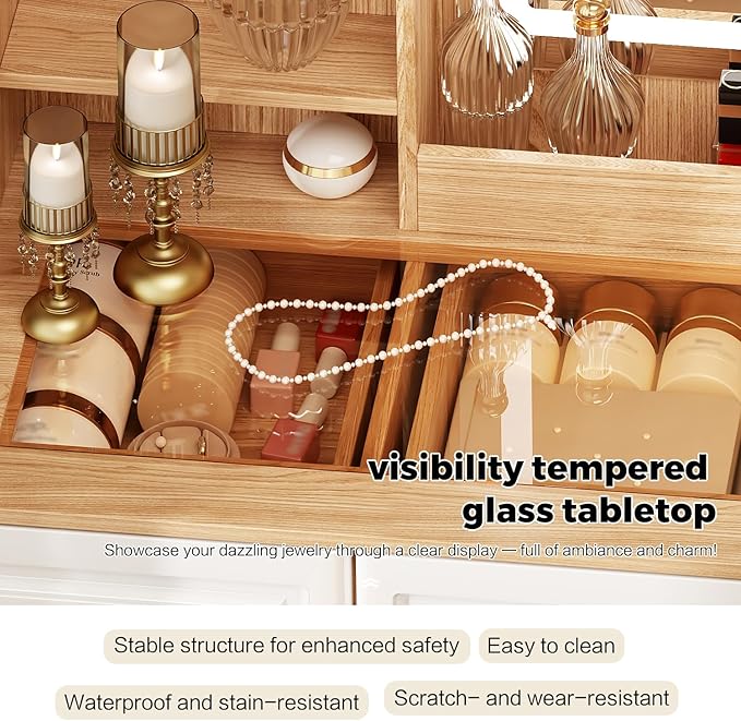 Arulvmrn 43" Makeup Vanity Desk with Mirror and Lights, & Power Outl, Glass Top Big Vanity Table with 9 Drawers& 8 Storage Shelves, Dressing Table Set with Chair for Bedroom, Oak