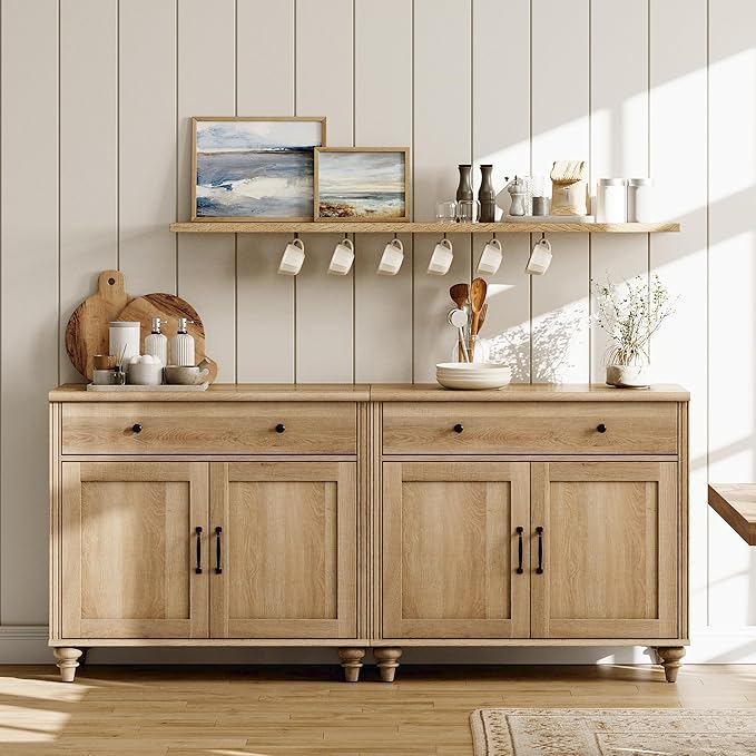 WAMAPT Buffet Cabinet with 4 Doors and 2 Drawers, Large Coffee Bar Table Wood Kitchen Storage Cabinets with Storage Cabinets, Modern Farmhouse Sideboard Credenza for Dining Room, Oak, 68 inch