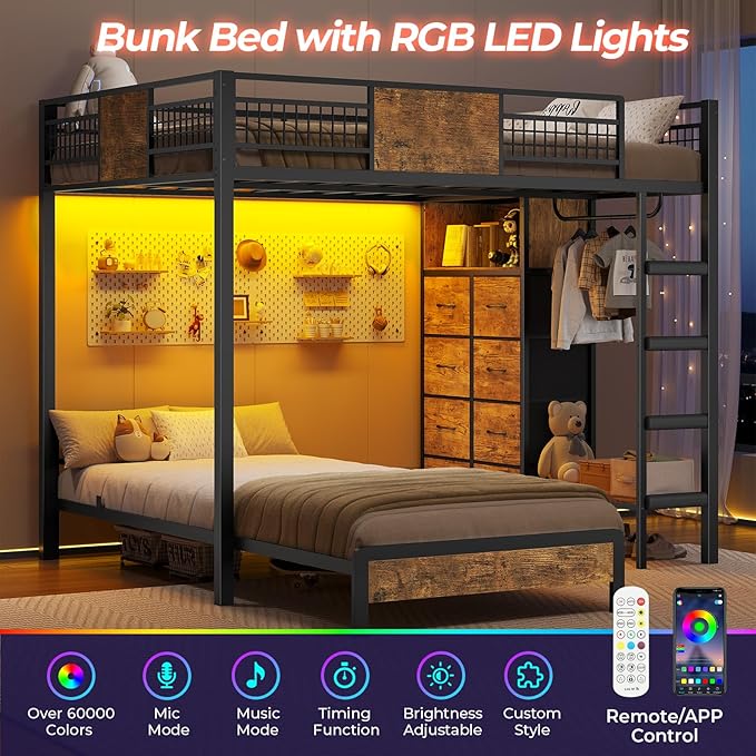 ADORNEVE Bunk Bed Twin Over Twin Size with 8 Storage Drawers, Twin Bunk Beds with Led Lights & Storage Shelves, Metal Loft Bed with 13.4" H Safety Guardrail & Ladder, for Kids & Teens, Black