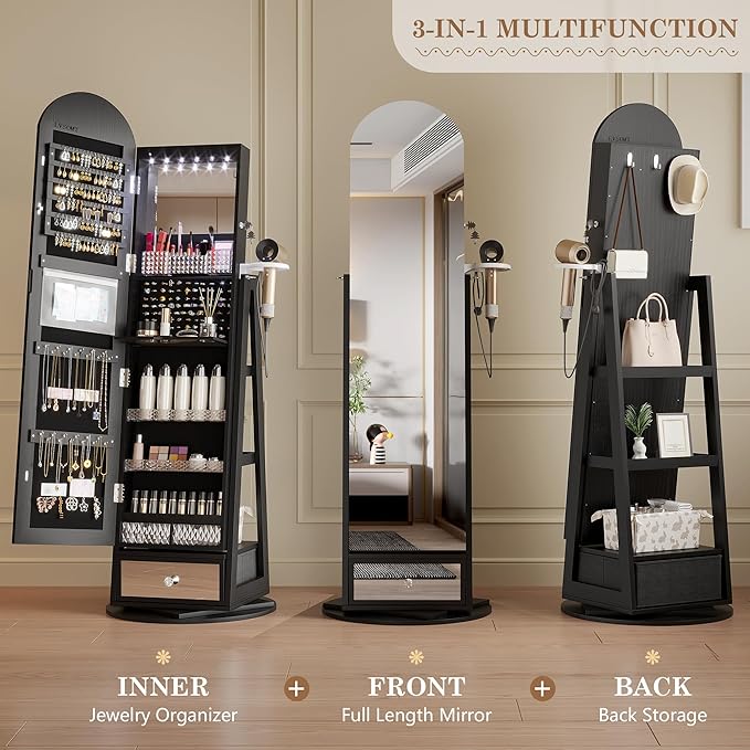 LVSOMT 64" H Arched LED Mirror Jewelry Cabinet Standing, 360° Swivel Full-Length Mirror with Storage, Lockable Jewelry Organizer with Inner Makeup Shelf, Gift for Women, Black
