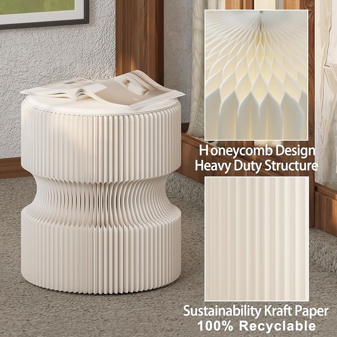 Accordion Folding Stool, Modern Kraft Paper Honeycomb Ottoman, Collapsible Portable Footrest Stool, Fold Up Under Desk Seat for Office Entryway Living Room Small Space (15 Inch, White)