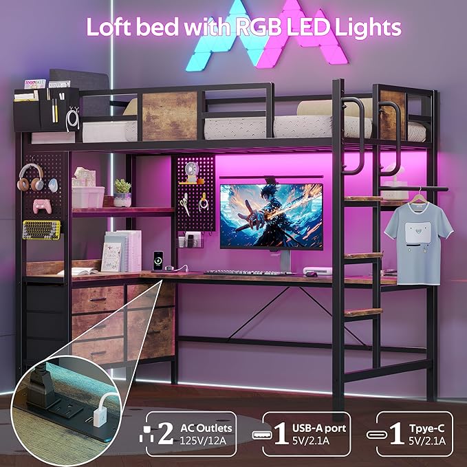 busyaeh Twin Loft Bed with Desk and Storage, Metal loft Bed with 5 Drawers and 2 Open Shelves, Heavy Duty Loft Bed Twin Size with LED Lights and Charging Station for Teens Adults, Vintage Brown