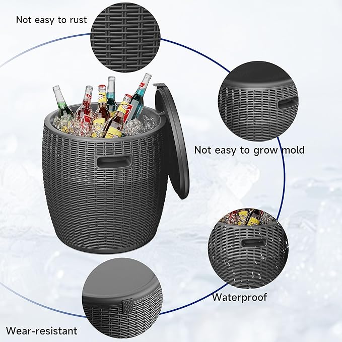 EasyUp 9.5 Gallon Outdoor Cooler Table, Wicker Round Ice Bucket for Parties, Rattan Bar Table with Top Lid Side Handles Drainage Plug, Beer Wine Cooler Side Tables for Patio, Poolside, Deck, Black