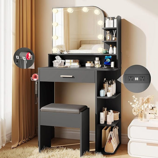 wanan Makeup Vanity with Chair, Small Vanity Desk with Mirror and Lights 3 Colors, Girls Vanity Set with Power Outlet, Compact Vanity Table for Small Space, Black