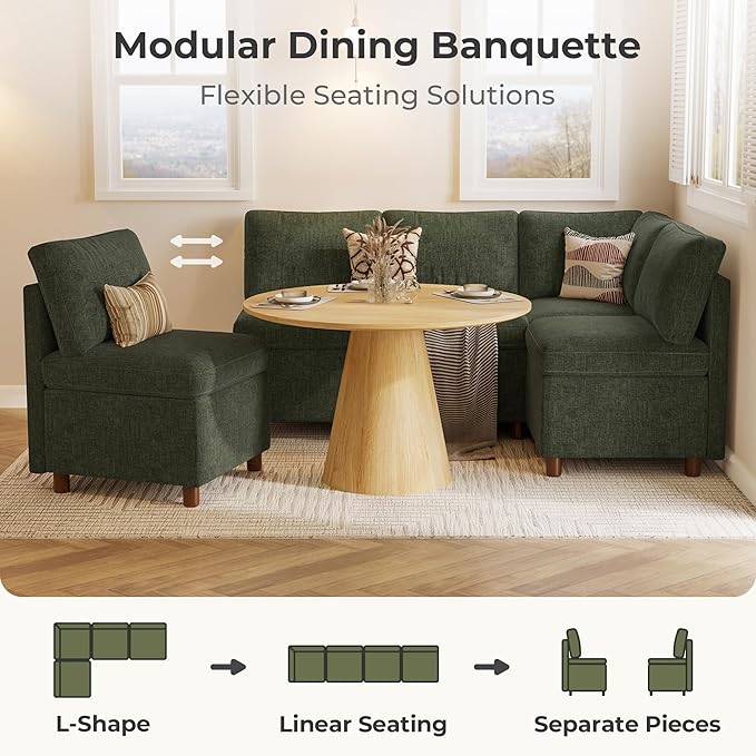 SITJOY Breakfast Nook Bench with Storage, Modular Corner Kitchen Banquette Seating, Dining Settee Couch, Upholstered Dining Bench with Back, Soft-to-Touch Fabric in Green, Single Chair
