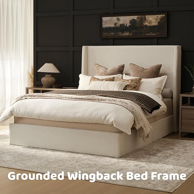 RECCI King Size Bed Frame with 53" Extra Tall Wingback Headboard, Luxury Upholstered Platform Bed Frame, Heavy Duty Support, Noise-Free, Easy Assembly, No Box Spring Needed, Beige Chenille