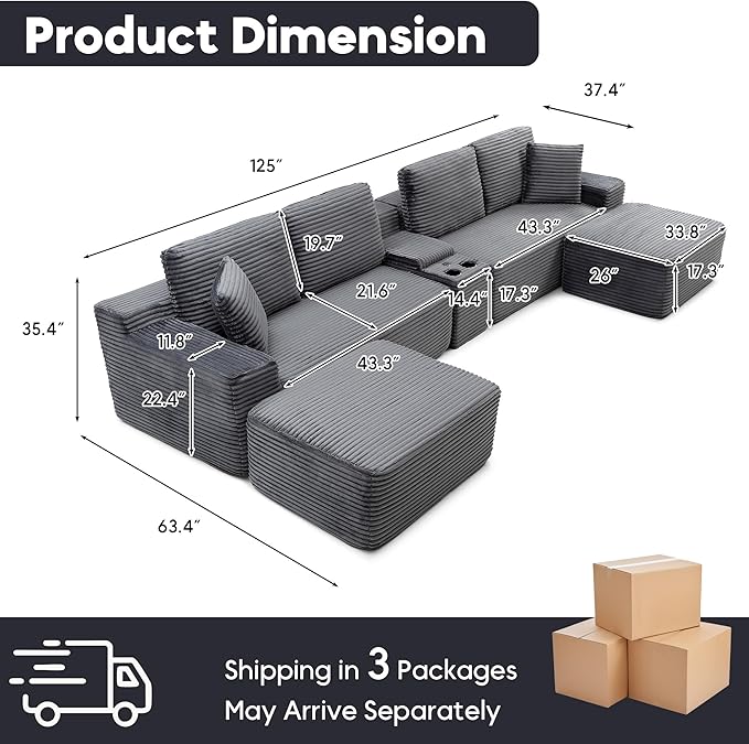 125 Inch Modular Sectional Sofa, Modern Oversized Corduroy Cloud Couch with 2 Ottomans, Cup Holders and USB Ports, U Shape Couch Boneless Couches for Living Room, No Assembly Required, Grey