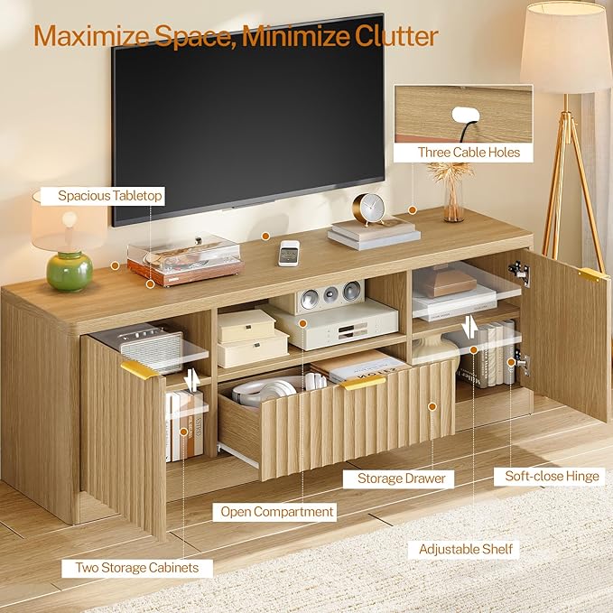 TEENFON 55" TV Stand for TVs Up to 60", Modern Fluted Entertainment Center with Drawer and Open Shelf, Media Console Table, TV Stands for Living Room, Nature Oak