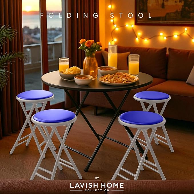 Lavish Home Folding Stool - Set of 4 Counter Height Bar Stools – 24-Inch Backless Folding Chairs with 225lb Capacity for Kitchen, Rec Room, or Game Room (Blue)