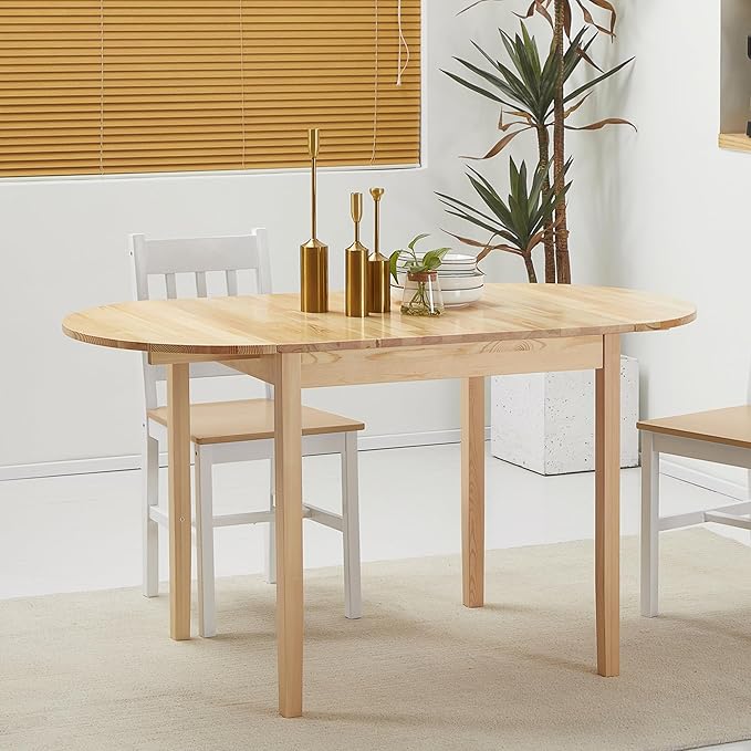 HOMCOM 55" Solid Wood Kitchen Table for 4-6 People, Oval Drop Leaf Tables for Small Spaces, Folding Dining Table, Natural
