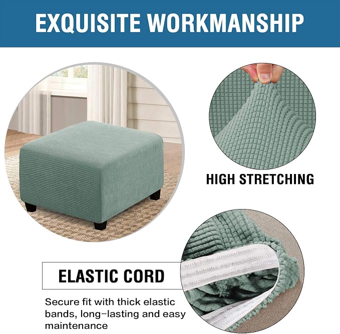 H.VERSAILTEX Square Ottoman Covers Ottoman Slipcovers Folding Storage Stool Furniture Protector Form Fit with Elastic Bottom, Stretch High Spandex Small Checks Jacquard Fabric(Large,Sage)