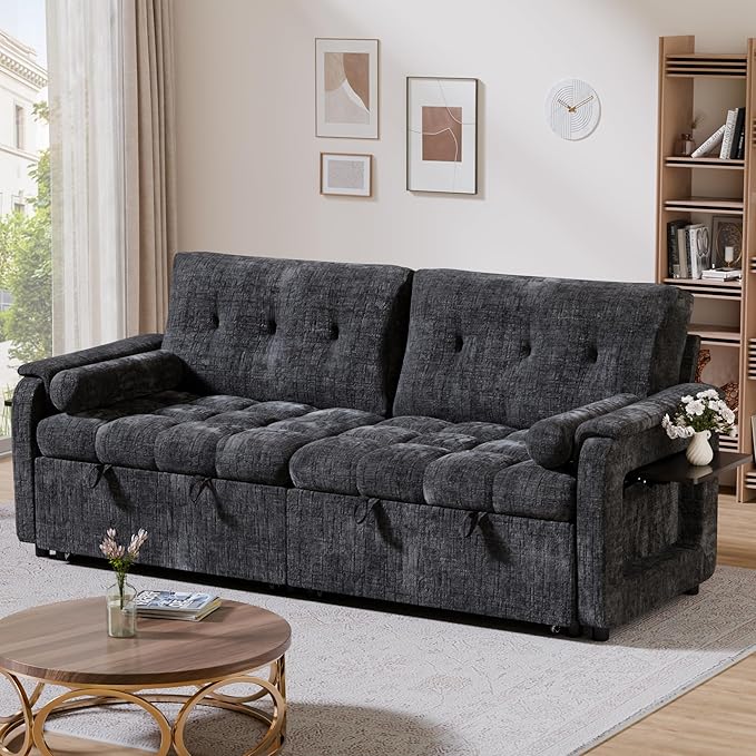Convertible Sleeper Sofa Bed, 86 Inch Chenille Pull Out Couch with Side Table & Adjustable Backrest, Sectional Sleeper Sofa with Pull Out Bed for Living Room, Apartment, Black