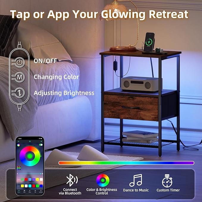 Somdot Nightstand Set of 2 with Charging Station and LED Light for Bedroom, Bedside Table End Table for Dorm Guest Room Bedside Kids Laundry Closet Entryway Hallway, Wood Grain Print