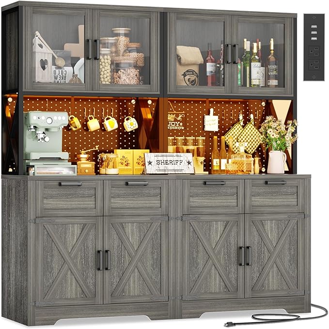 Unikito 71" Tall Kitchen Pantry Storage Cabinet with LED Light & Outlet, 63" Wide Kitchen Hutch Cabinet with Large Countertop, DIY Pegboard and Drawers, Food Pantry for Living Room,Enoch Walnut