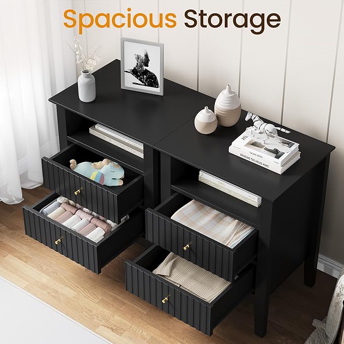 RoyalCraft Black Fluted Nightstand Set of 2, Colorful Nightstand with 2 Drawers, Modern Wooden End Table with Storage for Small Spaces, Side Table for Bedroom, Couch, Home Office
