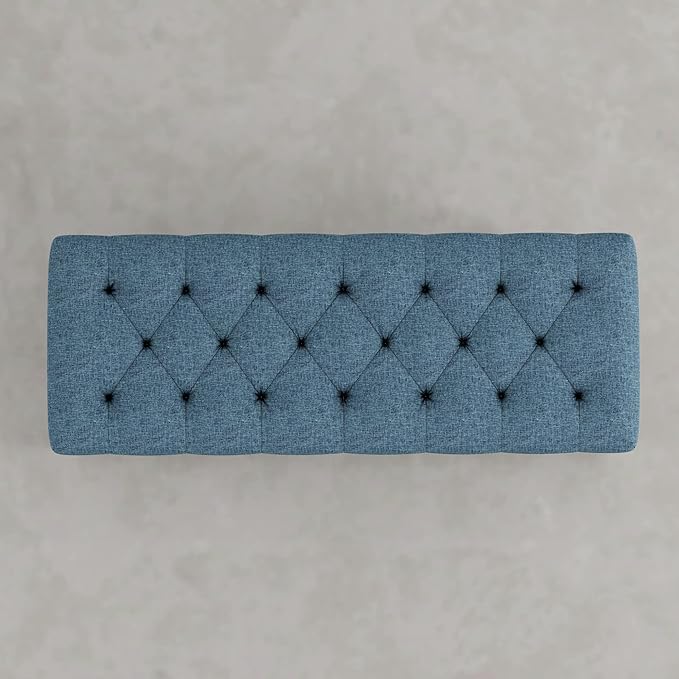 SIMPLIHOME Waverly Tufted Ottoman Bench - 48 inch Wide Upholstered Linen Look Fabric Rectangle Footstool Ottoman in Indigo Blue, Traditional Bench for Bedroom, Entryway or Living Room with Carved Legs